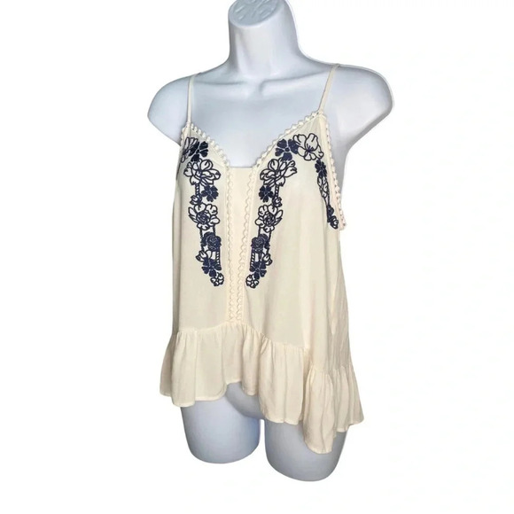 Embroidered Cream & Blue Floral Tank Top Boho Chic, Adjustable Spaghetti Straps - Picture 4 of 7